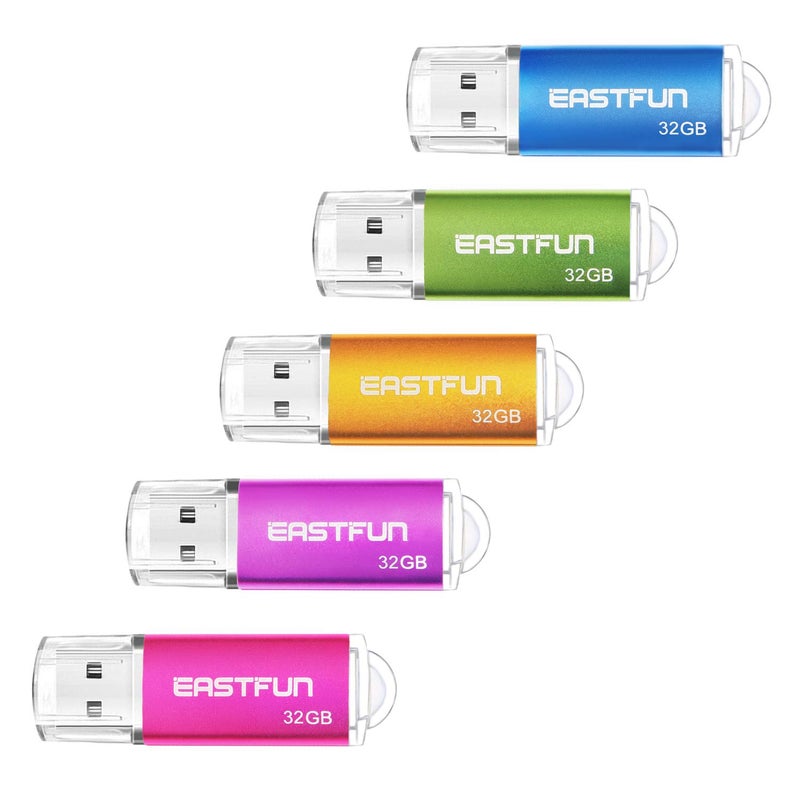 EASTFUN 32GB USB 2.0 Flash Drive Memory Stick Thumb Drive Pen Drive Jump Drive Zip Drive, 5 Pack (5 x 32GB), Colors (Gold Rose Blue Purple Green) - Image 1